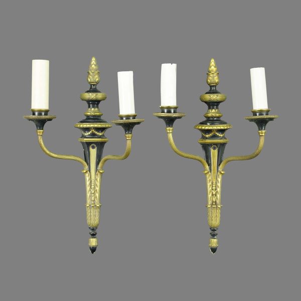 Sconces & Wall Lighting - Pair of Antique Neoclassical 2 Arm Brass Wall Sconces