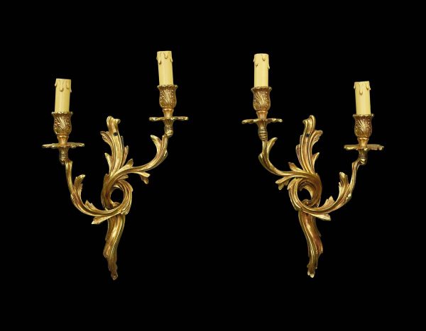 Sconces & Wall Lighting - Pair of Louis XV Foliate 2 Arm Gilded Brass Wall Sconces