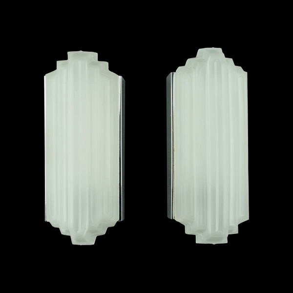 Sconces & Wall Lighting - Pair of Restored Art Deco Frosted Glass Chrome Plated Steel Wall Sconces