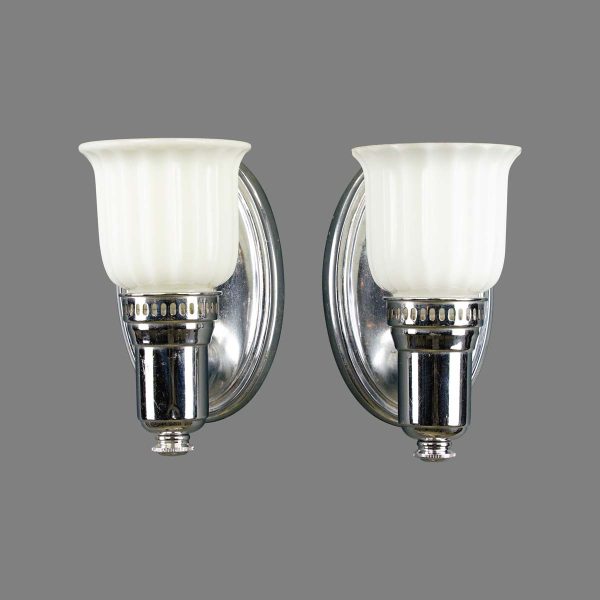 Sconces & Wall Lighting - Pair of Traditional White Glass Shades Chromed Steel Wall Sconces