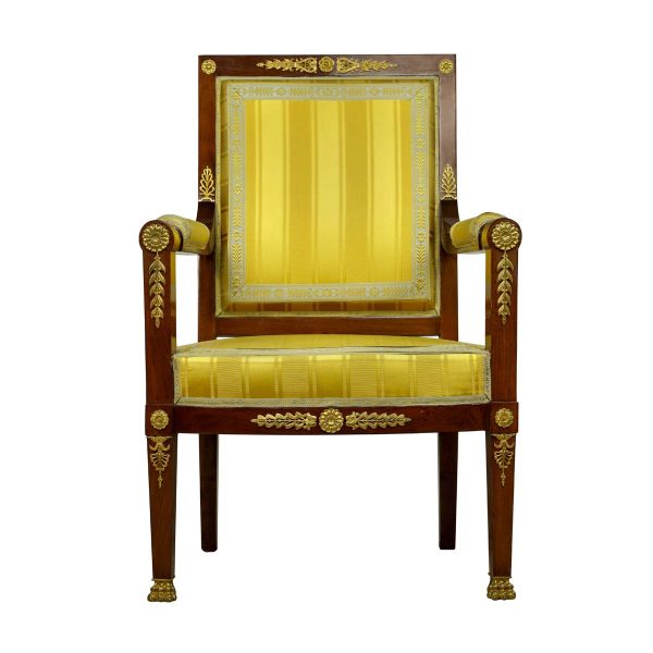 Seating - Antique French Empire Figural Gilt Brass Mahogany Armchair