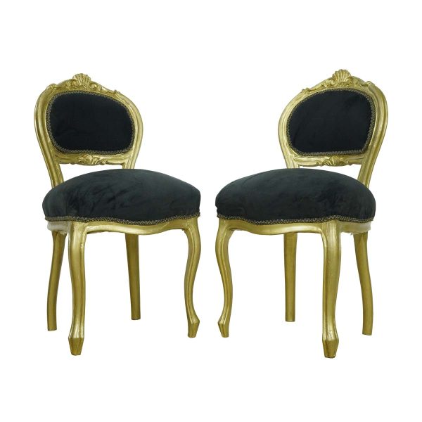 Seating - Pair of French Gold Pine & Black Cushioned Chairs