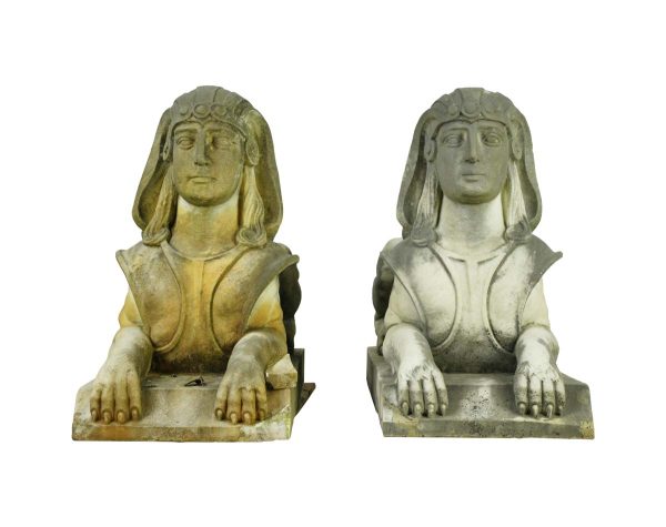 Stone & Terra Cotta - Pair of Marble Sphinx Exterior Entryway Statues