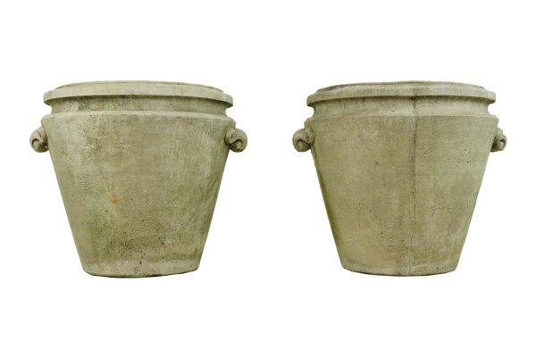 Stone & Terra Cotta - Pair of Outdoor Gray Cement Planters with Scroll Handles