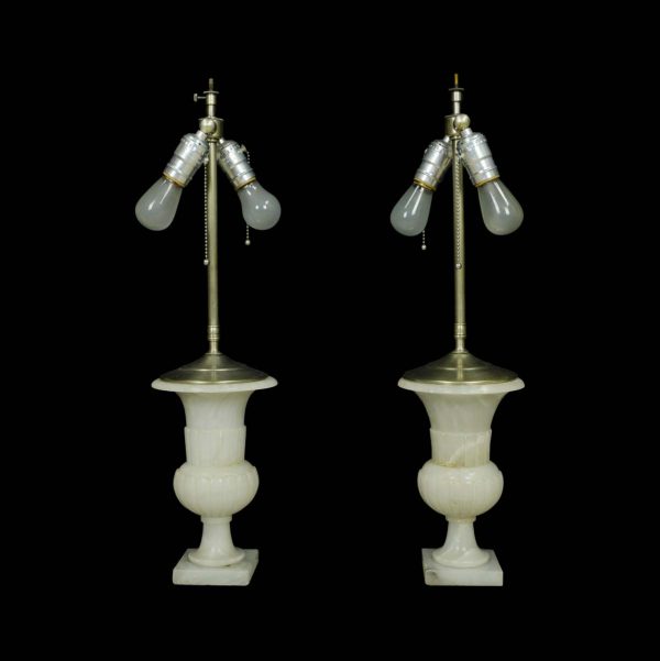 Table Lamps - Pair of 1930s French 2 Bulb White Urn Alabaster Table Lamps