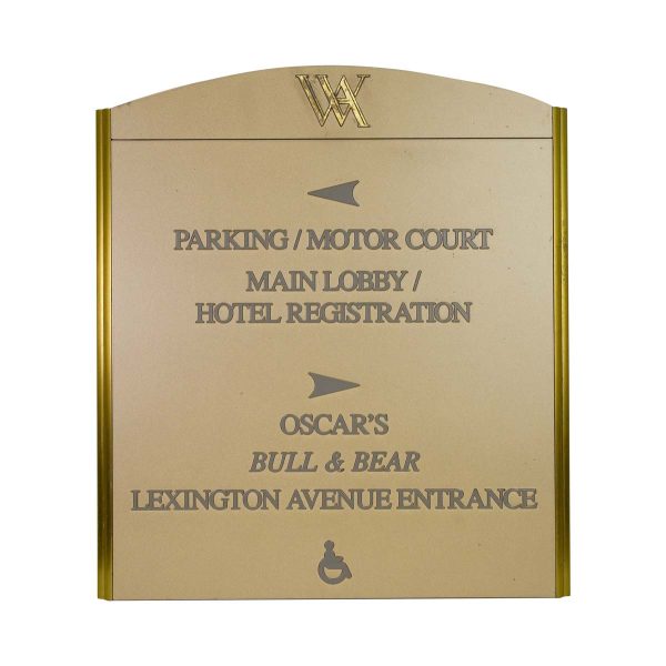 Waldorf Astoria - Waldorf Astoria Hotel Directional Painted Plexiglas Brass Wall Sign