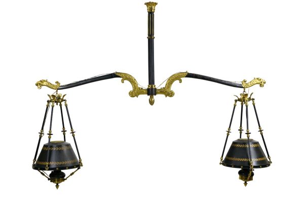 Wall & Ceiling Lanterns - French Empire Style Brass & Steel Pool Table Double Lantern Light