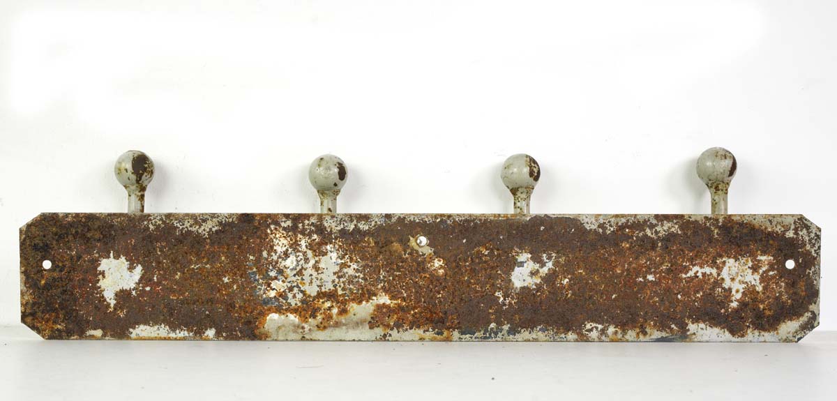 Vintage European Industrial Distressed Steel 4 Hook Wall Rack