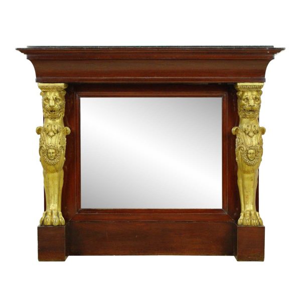 Antique Mirrors - French Empire Wooden Mirror Front Gold Lion Storage Bar with Black Marble Top