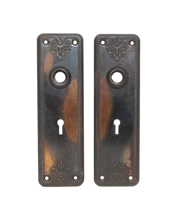 Back Plates - Pair of 7.5 in. Beaded Floral Steel Japanned Door Back Plates