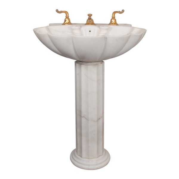 Bathroom - 1980s Sheryl Wagner Clamshell White Marble Sink with Gilt Hardware