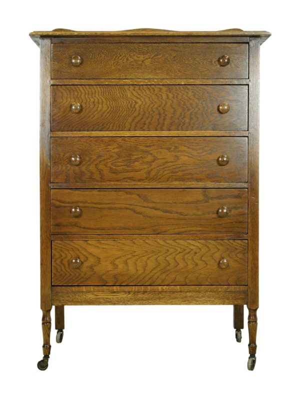 Bedroom - Vintage 5 Dovetailed Drawers & Cast Iron Casters Oak Dresser