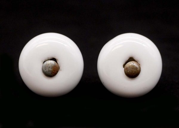 Cabinet & Furniture Knobs - Pair of Vintage 1.25 in. Round White Ceramic Cabinet Knobs