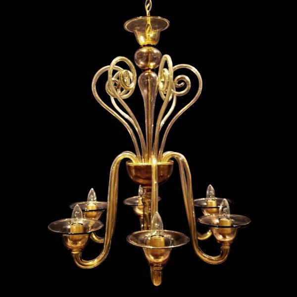 Chandeliers - 1950s Vintage Amber Murano Glass 6 J Shaped Arm Chandelier