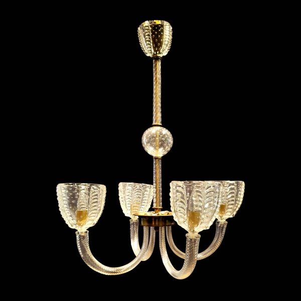 Chandeliers - 1950s Vintage Clear Murano Glass 4 U Shaped Arms Chandelier