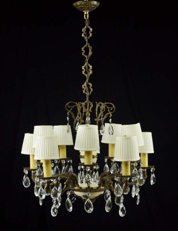 Chandeliers - French 10 Arm White Shades Ornate Bronze Glass Crystal Chandelier