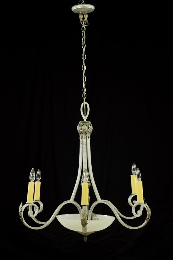 Chandeliers - Traditional 6 Arm Off White Steel & Glass Chandelier
