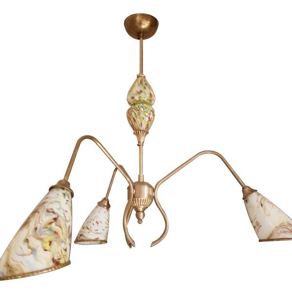 Chandeliers - Vintage 3 Arm Brass Spider Chandelier with End of Day Glass Shades