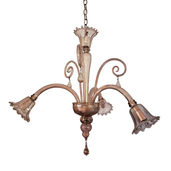 Chandeliers - Vintage Murano Amber Glass 3 Arm Chandelier with Fern Curls & Baubles