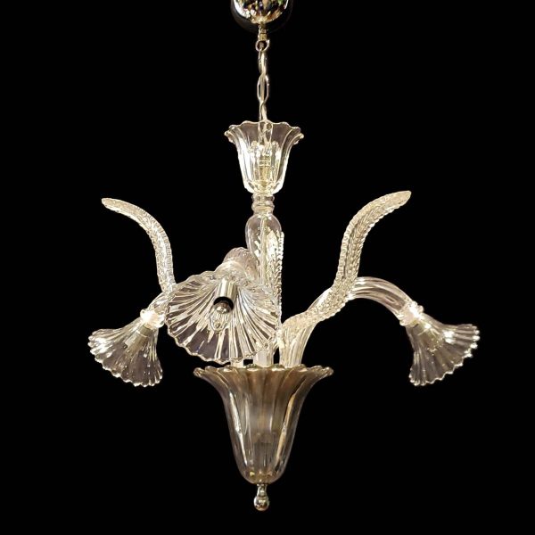 Chandeliers - Vintage Murano Crystal 3 J Arm Chandelier with Narrow Up Leaves