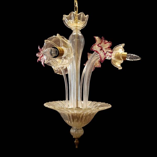 Chandeliers - Vintage Murano Crystal 3 J Arms Chandelier with Gold & Rose Inflections