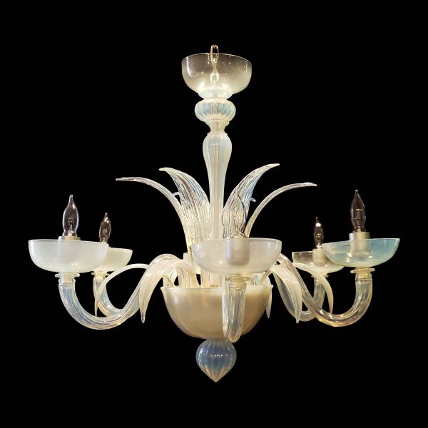 Chandeliers - Vintage Murano Opaline Glass 6 S Arm Chandelier with Up & Down Leaves