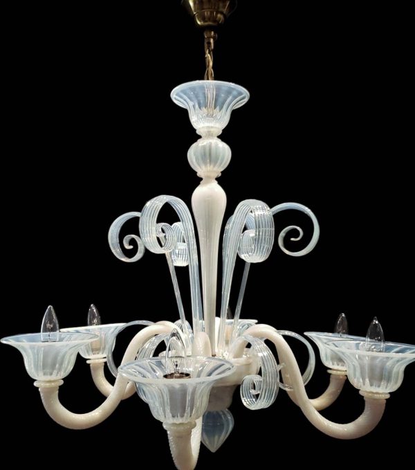 Chandeliers - Vintage Opaline Glass 6 Arm Murano Up & Down Curls Chandelier