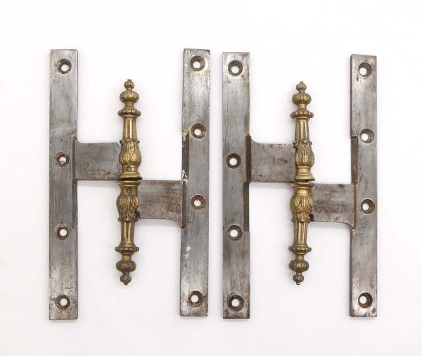 Door Hinges - Pair of Antique 9.875 x 6 Ornate Brass Steel Olive Door Hinges