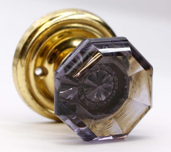 Door Knob Sets - Octagon Purple Glass Dummy Door Knob with Polished Brass Rosette