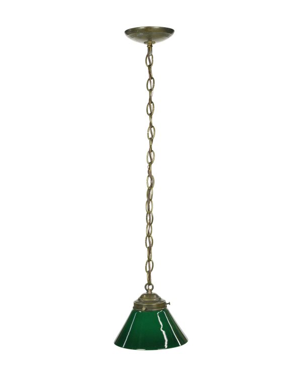 Down Lights - Rewired Green Glass Shade Brass Chain Pendant Light