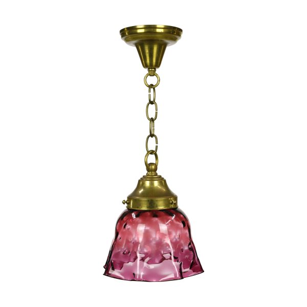 Down Lights - Vintage Red Glass Shade Brass Chain Pendant Light