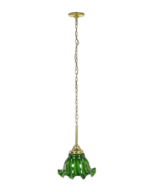 Down Lights - Vintage Ruffled Green Glass Shade Brass Chain Pendant Light