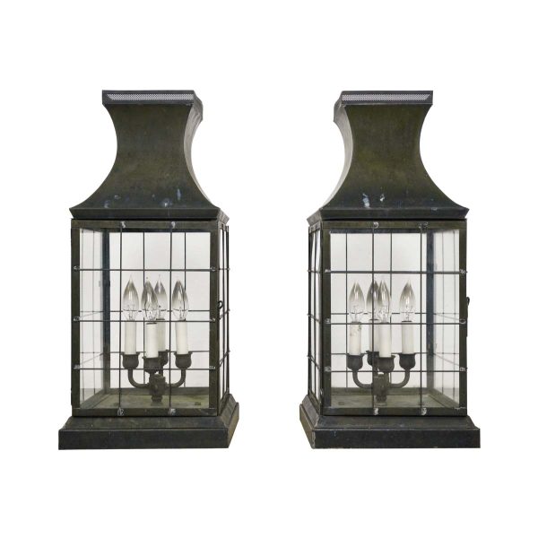 Exterior Lighting - Pair of Traditional Bronze Glass Panel Lantern Topper Lights