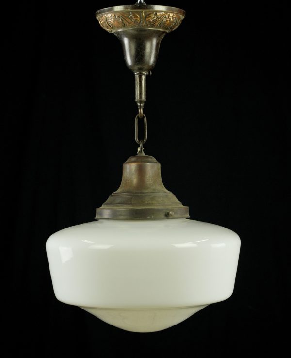 Globes - Antique 13.5 in. White Milk Glass & Bronze Schoolhouse Pendant Light