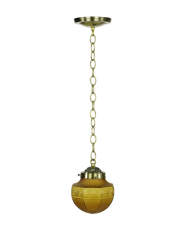 Globes - Vintage Greek Key Amber Glass & Steel Chain Pendant Light