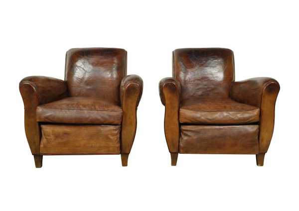 Living Room - Pair of European Brown French Leather Club Chairs