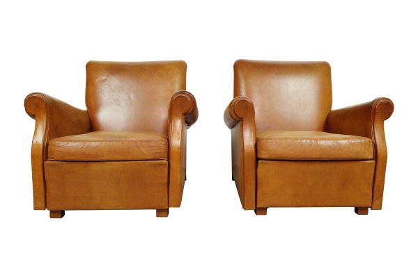 Living Room - Pair of European Brown Leather Club Chairs with Studded Back