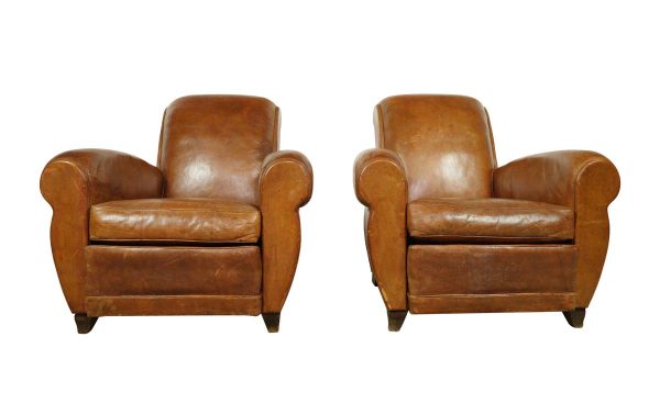 Living Room - Pair of European Brown Leather French Club Chairs