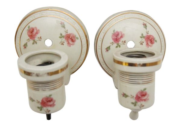 Sconces & Wall Lighting - 1930s Porcelain Bathroom Wall Sconces with Gold & Floral Design