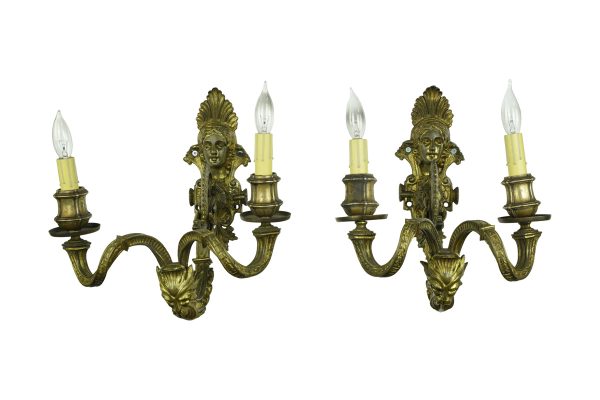 Sconces & Wall Lighting - Pair of Antique Ornate Bronze Figural 2 Arm Wall Sconces