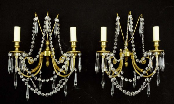 Sconces & Wall Lighting - Pair of Empire 2 Arm Brass & Crystal Candelabra Wall Sconces