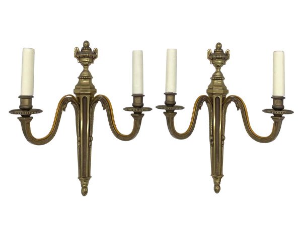 Sconces & Wall Lighting - Pair of French Bronze Double Arm Urn Finial Wall Sconces