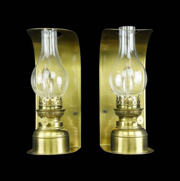 Sconces & Wall Lighting - Pair of French Brushed Brass Clear Hurricane Glass Wall Sconces