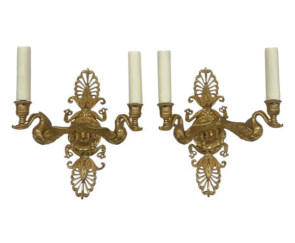 Sconces & Wall Lighting - Pair of French Empire Gilded Bronze Two Arm Swan Wall Sconces