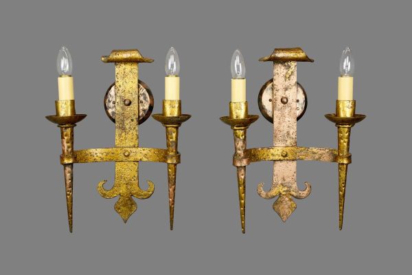 Sconces & Wall Lighting - Pair of French Gilded 2 Arm Wrought Iron Wall Sconces