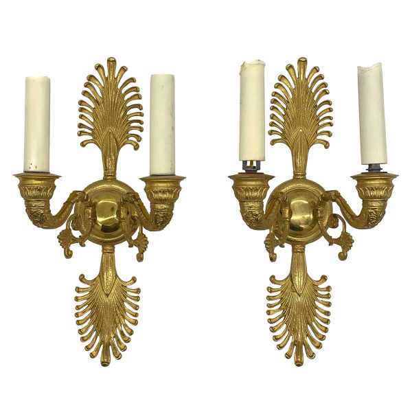 Sconces & Wall Lighting - Pair of French Gilded Bronze Fan Pattern 2 Arm Wall Sconces