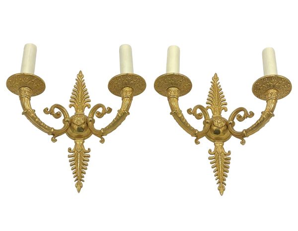 Sconces & Wall Lighting - Pair of Gilded French Bronze Fan Pattern 2 Arm Wall Sconces