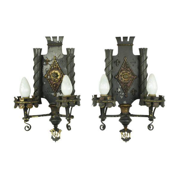 Sconces & Wall Lighting - Pair of Gothic Wrought Iron & Bronze 2 Arm Wall Sconces