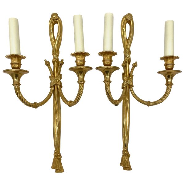 Sconces & Wall Lighting - Pair of Louis XVI Gilded Bronze French Ribbon Tassel Wall Sconces