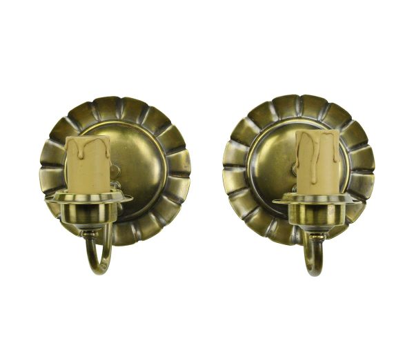 Sconces & Wall Lighting - Pair of Restored Antique Brass Round Scallop 1 Arm Wall Sconces